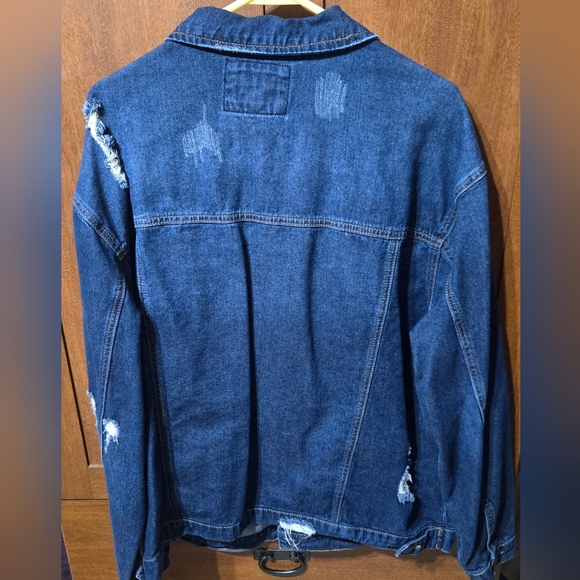 Womens Plus Size Wax Jean Distressed Dark Blue Denim Jacket - Picture 4 of 4